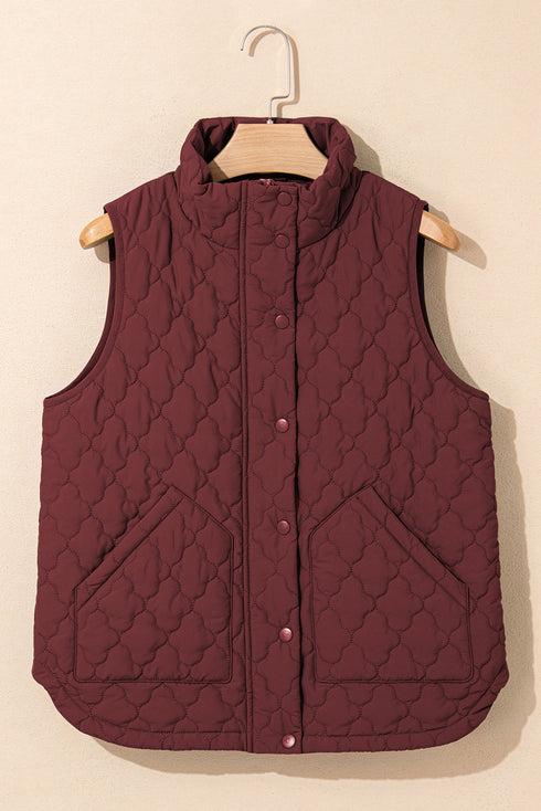 Stand Collar Flower Quilted Snap Button Zip Vests